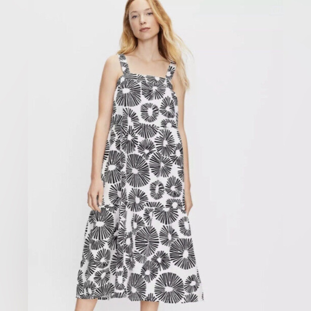 LOFT Firework Linen blend Tiered Square Neck white and black Midi Dress - MP